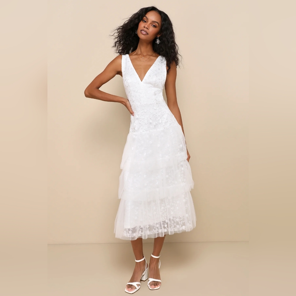 Lulus Confidently Gorgeous Ivory Tulle Embroidered Backless Midi Dress